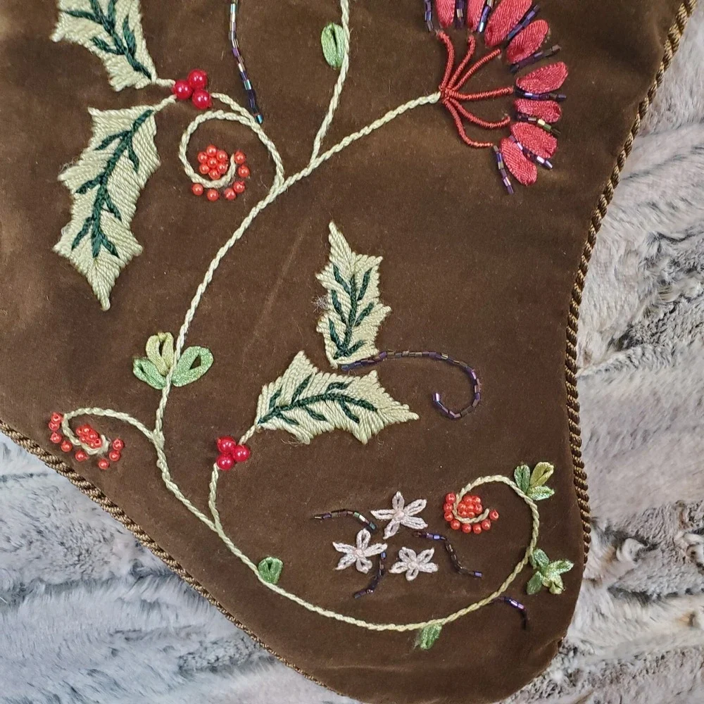 Prima Creations Beaded Floral Christmas Stocking Brown Green Velvet 17‎ Inch